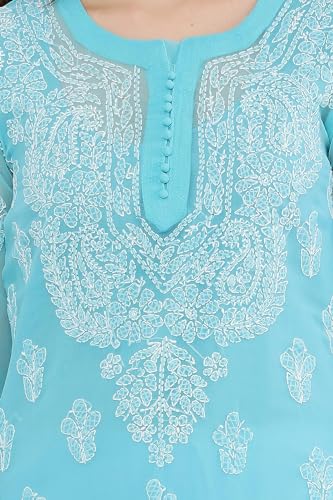 Image of FAWOMENT Women's Designer Straight Georgette Hand Embroidered Lucknowi Chikankari Kurta Designed in Side Jhaar Pattern Alongwith Slip