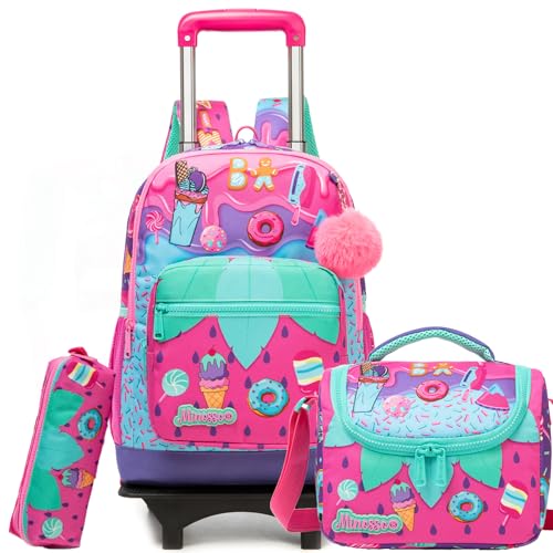 ZBAOGTW Girls Rolling Backpack for Kids Ages 8-12 Wheeled Backpack for Kids Backpacks for Girls with Lunch Bag Back to School Supplies Kit