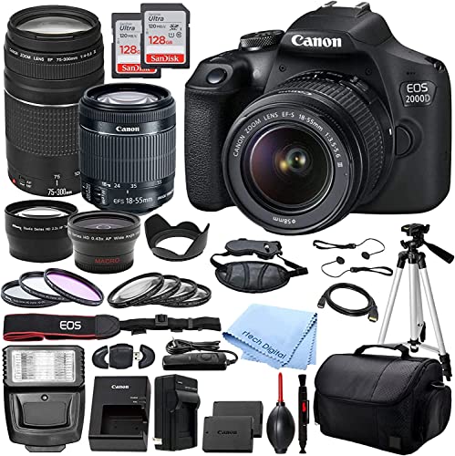 Canon EOS 2000D Rebel T7 DSLR Camera with EF S 18 55mm DC III and 75 300mm III Lenses + 2X SanDisk 128GB + Accessory Bundle + Rtech Cloth