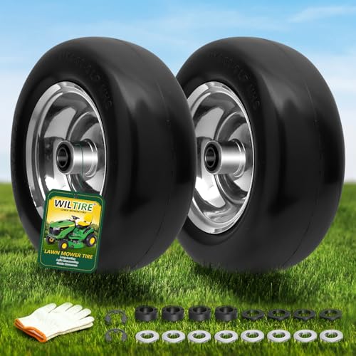 Wiltire 11x4.00-5 Flat Free Lawn Mower Tires (2 Pack) - Solid Rubber Zero Turn Front Wheels 350 lbs Capacity Universal Fit with 3/4 5/8 1/2 Bearings