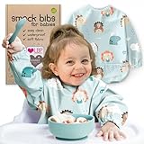 Nombear Waterproof Smock Baby Bibs for Eating (Boy or Girl 6-24 Months), 1 Pack - Long Sleeve Bib for Baby Led Weaning,Toddler Feeding Bibs and Art Smock for Painting, Silicone Bib Alternative