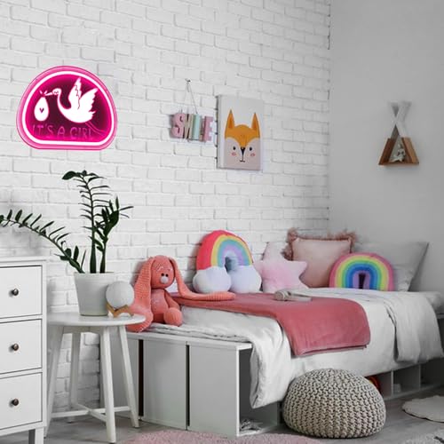 Image of It's a Girl Neon Sign Light for Wall Decor, Storks Deliver Baby Myth Dimmable Led Light Signs Neon Light for Baby Girls Bedroom Children's Room Decor Gender Reveal Party Gifts(Pink)