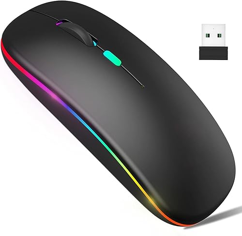 Ratón inalámbrico LED, mouse Bluetooth recargable, mouse portátil delgado con receptor USB, conexión de modo dual BT5.4 y 2.4G, silencioso para