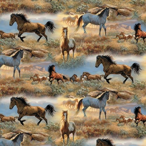 Horses on The Prairie Print 100% Cotton Fabric Material by The Yard for Sewing, by David Textiles, 44 Inches Wide