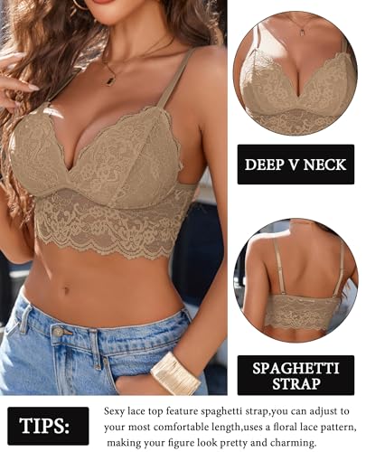 Image of Avidlove Lace Bralettes for Women V Neck Spaghetti Strap Bra Unpadded Tops Sexy Cami Crop Top Going Out Lingerie
