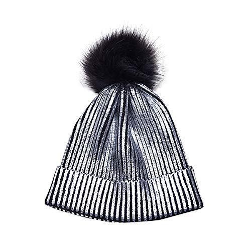 Cozylkx Women Skullies Beanie Hat, Winter Warm Glitter Sequin Knitting Bronzing Pom Pom Cap for Ladies Girls, Silver