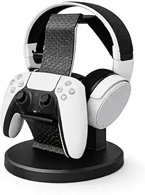 Suporte Gamer Mesa para Headset e Controle, Estrutura Resistente em Plástico Texturizado, Design Curvo com Linha Branca, Ideal para Setup Gamer, Organização Sofisticada, Antiderrapante