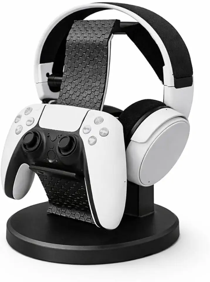 Suporte Gamer Mesa para Headset e Controle, Estrutura Resistente em Plástico Texturizado, Design Curvo com Linha Branca, Ideal para Setup Gamer, Organização Sofisticada, Antiderrapante