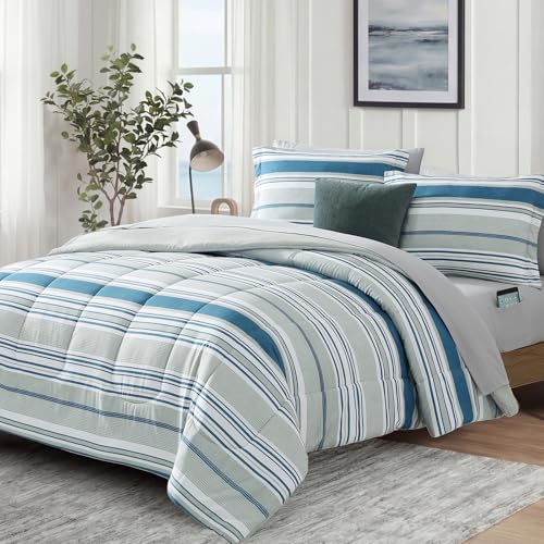 Image of Monbix Full Size Comforter Set - 7 Pieces Bed in a Bag Full, Blue-Stripe Bedding Sets, All Seasons Comforter Bed Set with Sheets, Pillowcases & Shams