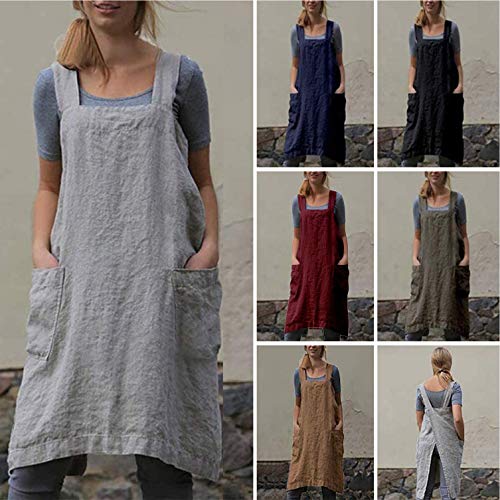 Vlzufe Cotton Linen Apron For Women Cross Back Apron Pinafore Dress For Baking Cooking Gardening Work #TOP5