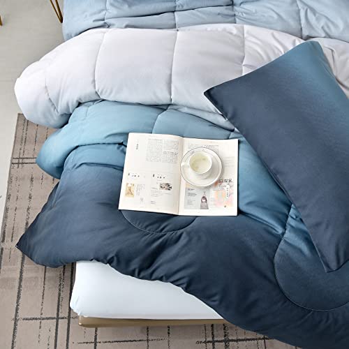 Gradient Blue White Comforter Set King Size 7 Pieces Ombre Navy Blue Bed In A Bag Complete Bedding Set - Breathable Solid Ocean Sea Blue Bed Sets With Flat/Fitted Sheet, 2 Pillowcases, 2 Pillow Shams #TOP6