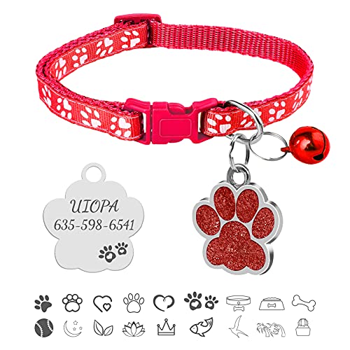 Uiopa Katzenhalsband, Hundemarke mit Gravur, Hundehalsband mit Name Katzenhalsband mit Glöckchen, Halsband Katze Katzen Halsbänder für Hauskatzen, Kleine Hund, Verstellbar 19-32cm (Rot) Cover