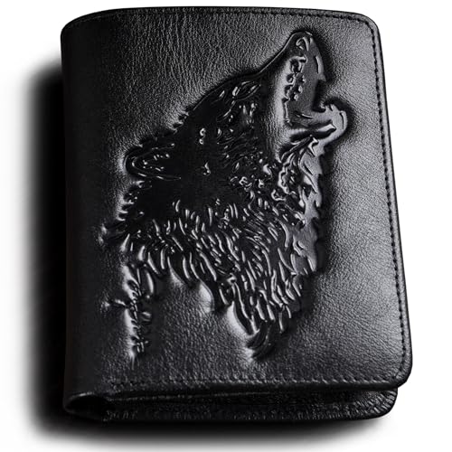 skneephate Wolf Geldbörse Herren Mit Münzfach,Portemonnaie Herren Leder,Portmonee RFID Schutz,Geschenk-Ideen Brieftasche (Black)