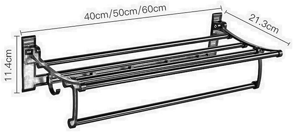 タオルバー タオルレール、アルミタオルラック、ブラック、折りたたみ式、パンチフリー、バスルーム用フック付き、バルコニー/40 cm