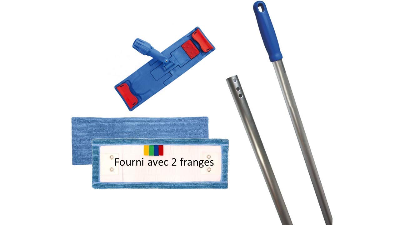 Chariot de nettoyage Le Plus de l'Entretien - Ensemble complet - 2 x 15L + Presse + Monture à plat + 2 franges + Manche - Aluminium - Argent - Intérieur
