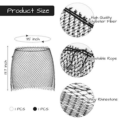 2-Piece Women's Mesh Skirt - See Through Rhinestone Belly Dance Beach Wrap Cover Up - Body Crystal Rave Skirts for Swimwear - White, Black2