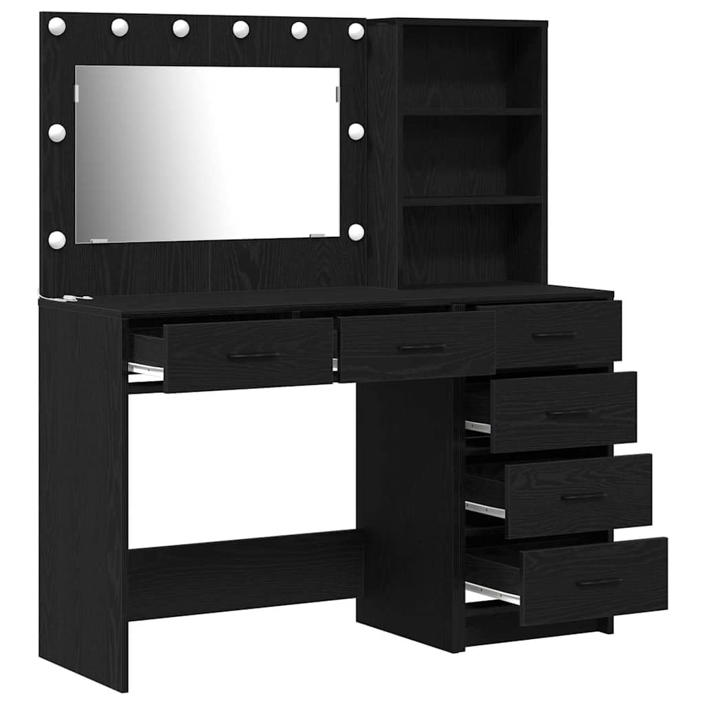 Tavolo da Trucco Nero in Legno multistrato 78,5 x 41 x 135 cm con Cassetti e Strisce LED per Camera da Letto, Mobiletto Organizzatore Salvaspazio per Make Up e Cosmetici
