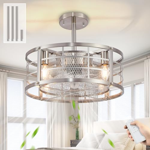 Doltoro SAND NICKEL Caged Ceiling Fans With Lights And Remote, Industrial Flush Mount Ceiling Fans Light, Small Enclosed Ceiling Fan For Bedroom Kitchen  cover