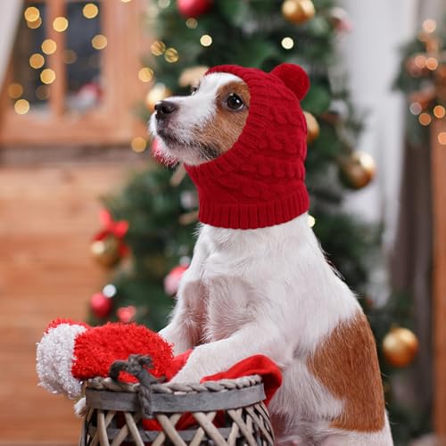 CITÉTOILE Weihnachtsmütze für Hunde – Klassische Strickmütze mit Zopfmuster und Bommel, Warme Santa Hundemütze für Kleine Hunde und Katzen, Rot, M