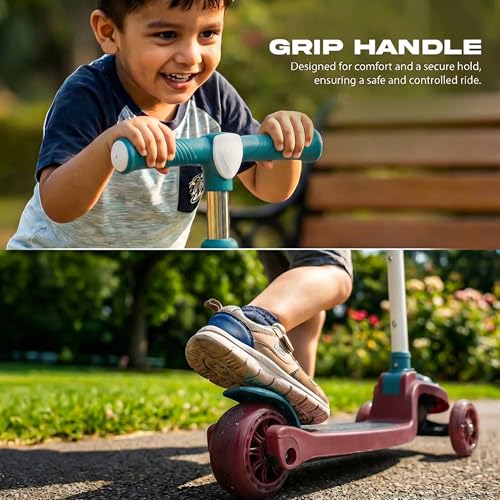 Image of Baybee Rovix Kick Scooter for Kids | Foldable Skate Scooter with 3 Height Adjustment Handle & LED Light Wheels | 3 Wheel Baby Scooter with Rear Brake | Kids Scooter for 2 to 10 Years Boy (RED /Green)