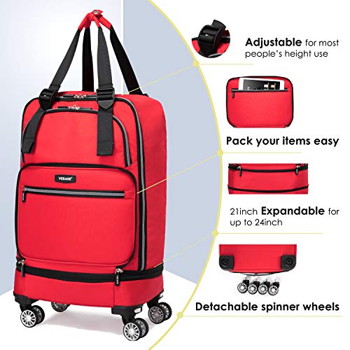 Foldable Luggage Bag with Spinner wheels，Expandable Collapsible Rolling Duffel Bag,Large Suitcase for Travel,Checked Luggage 24/28inches (2 in 1),Red