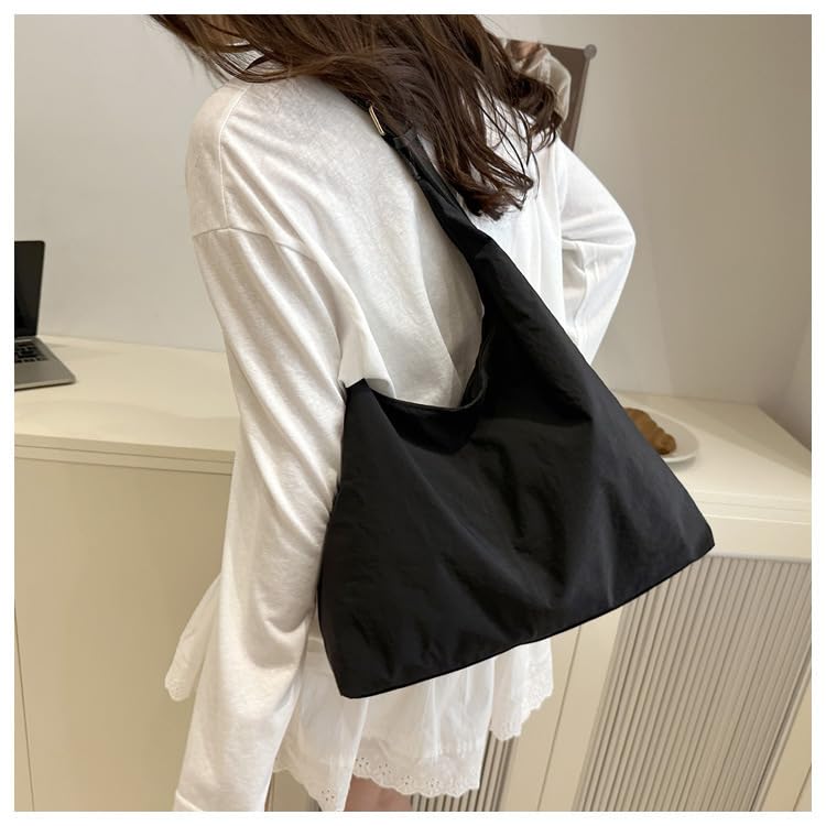 Solid Nylon Tote and Crossbody Bag – Large Capacity Soft Shoulder Handbag for Women with Zipper Closure
