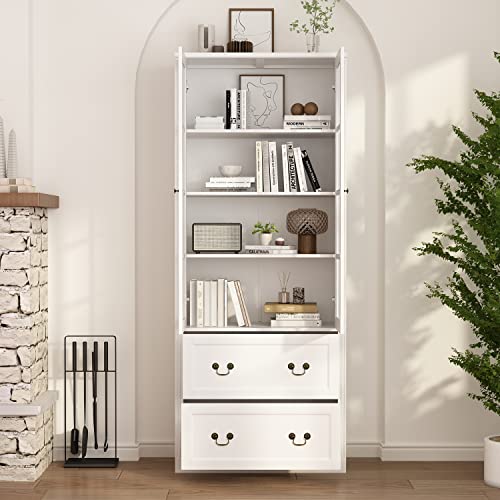 AIEGLE-Large-Bookcase-with-Glass-Doors-315-Wide-Tall-4-Tier-Bookshelf-with-2-Drawers-Freestanding-China-Cabinet-Display-Storage-Cabinet-for-Living-Room-Office-Storage-White AIEGLE Large Bookcase with Glass Doors 315 Wide Tall 4 Tier Bookshelf with 2 Drawers Freestanding China Cabinet Display Storage Cabinet for Living Room Office Storage White