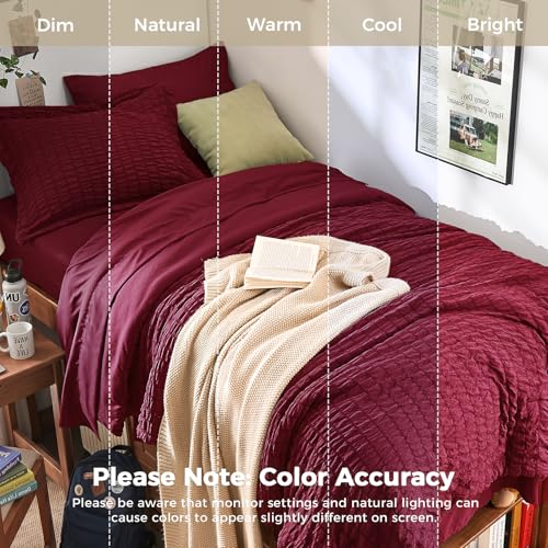 Image of HYMOKEGE Burgundy Twin XL Comforter Set Seersucker 5 Pieces, All Season Luxury Bed in a Bag for Bedroom, Bedding Set with Comforter, Sheets, Pillowcase & Sham