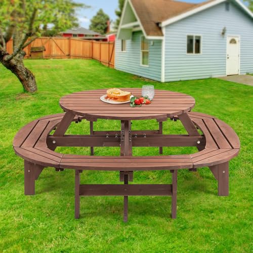 Thanaddo 12-Person Outdoor Circular Wooden Picnic Table, Camping Dining Table with Built-in Benches, Outside Table Set with Umbrella Hole for Garden Patio Backyard,Brown