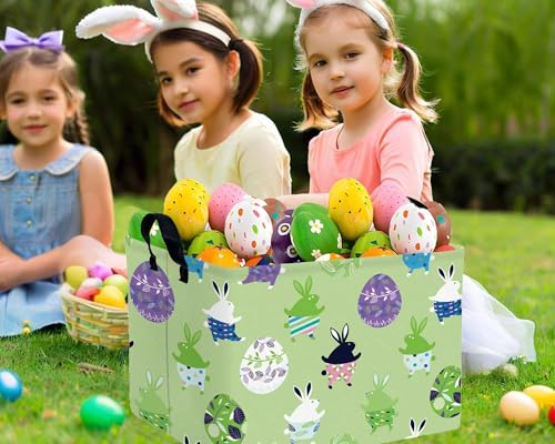 Image of Large Rectangular Easter Baskets Empty Waterproof Boy Toy Box Foldable Kid's Gifts Storage Bin Spring Room Decor(Green Dancing Rabbit Egg)