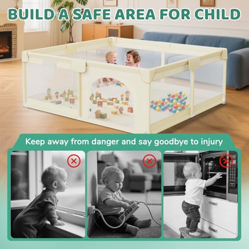 Image of Baby Playpen 64x64 Inch for Babies and Toddlers Indoor & Outdoor | Large Baby Play Yard, Safe & Sturdy, Easy-Assembly, Non-Slip, Easy to Clean, Lightweight, External Zipper Door, Beige