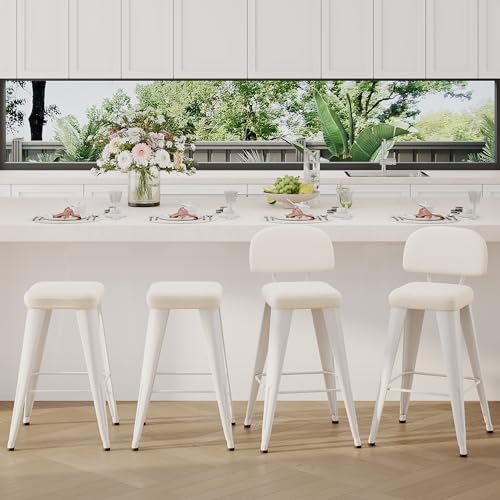 Image of Yongchuang 30 inch Bar Stools Set of 4, Upholstered Bar Height Stools with Back Modern Farmhouse PU Leather Metal Kitchen Island Bar Chairs Grayish White