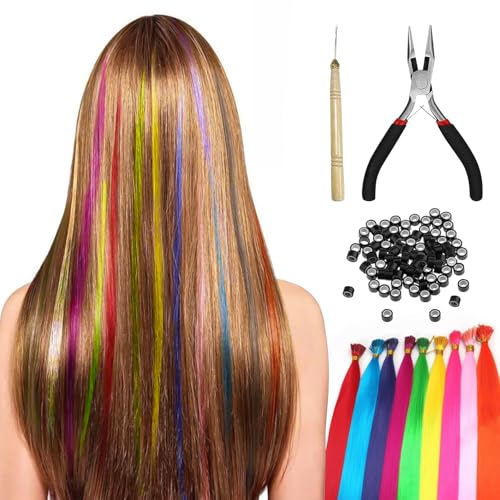 100 Stück Bunte Haarsträhnen zum Einflechten Haarsträhnen zum Einklipsen Kinder Bunte Haarverlängerungs Set mit Zange Häkchen Haare Extensions für Party Festival Dekoration(12 Zufällige Farben)