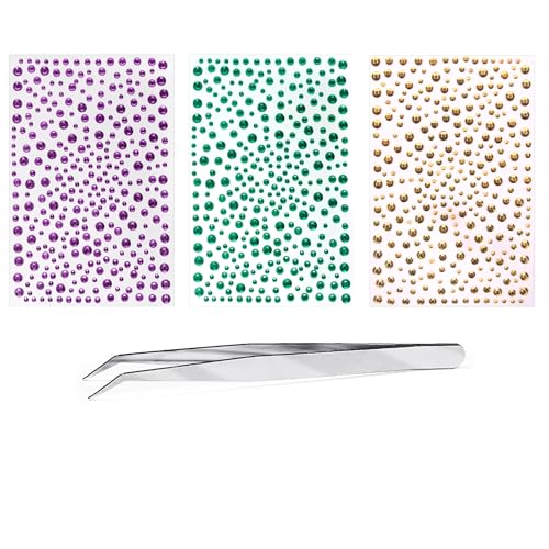 Mardi Gras Face Gems Self-Adhesive Face Jewels Stickers for Makeup Green Purple Gold Festival Glitter for Mardi Gras Rave Accessories Hair Gems Rhinestone Stickers for Face Eye Makeup Body