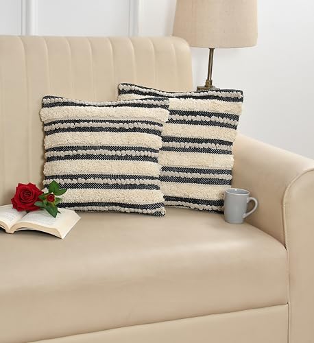 Image of TIB Premium Boho Decorative Throw Cushion Covers, 16 x 16 cm, Set of 2, Cotton. (White Lines)-230 TC