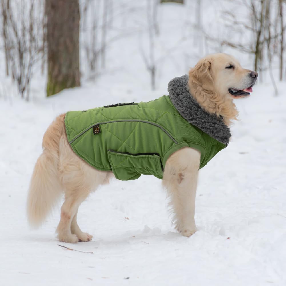EMUST Abrigo para perros de invierno, ropa gruesa para perros medianos Boy, abrigos para perros de invierno con orificio para arnés, abrigos para perros para clima frío, verde, M