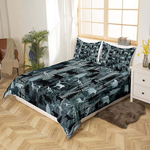 Rustic Farmhouse Duvet Cover Queen Bear Moose Deer Bedding Sets For Cabin Lodge,Mountain Pine Tree Country Comforter Cover Woodland Animal Bedspread Cover Home Room Decor Retro Black Grey Blue 3 Pcs #TOP2
