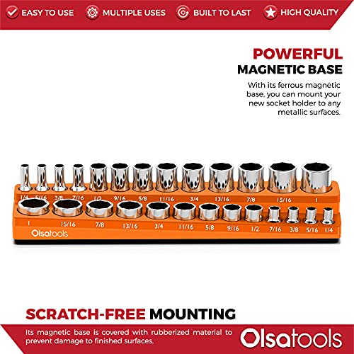 Image of Olsa Tools Magnetic Socket Organizer - 3 /8-Inch Drive SAE Socket Holder with Strong Magnets - Professional Tool Holder and Organizer - Stores up to 26 Sockets - Orange - Part: 1291