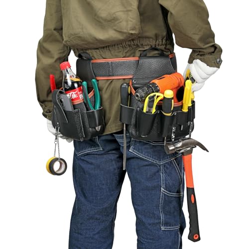 Image of Tool Belt,Genuine Leather Tool Pouch,Detachable & Adjustable Single Side Tool Belt Pouch for Electrician,Carpenter,Construction,Work Apron,Utility Belt. (Black-C)