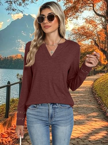 Womens Long Sleeve Shirts Casual Notch V Neck Basic Tees Cute T-Shirt Dressy Tunic Tops Fall Fashion Outfits 20252