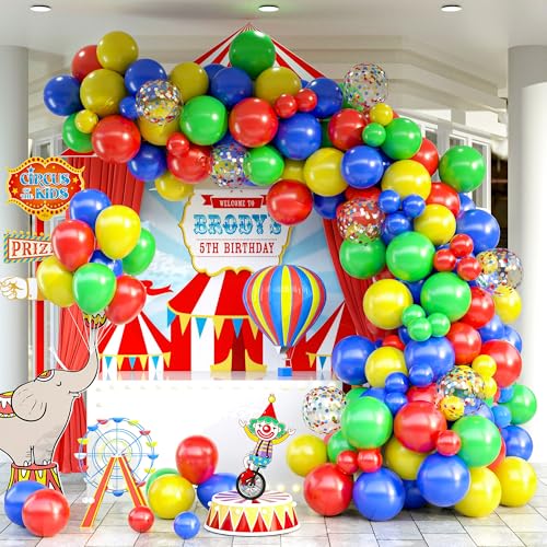 Carnival Balloon Arch Garland Kit, 129PCS Rainbow Balloon Garland Kit with Red Blue Yellow Green Confetti Multicolor Latex Balloons Set for boys girls Circus Birthday Party Decorations Baby Shower