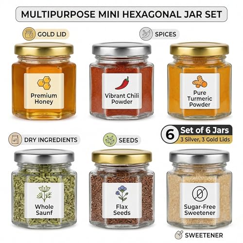 Image of Cute Hexagonal 50 grams Airtight Glass Jar Containers for Honey, Spices & other Kitchen Items with Rust Proof Gold & Silver Color Caps -Set of 06