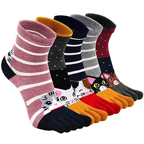 ZAKASA Chaussette à Doigts Femme: Chaussette 5 Doigt de Pied Coton Chaussettes Orteils Séparés Sport Fantaisie Motif Taille 36-41 Chats-5 Paires Cover