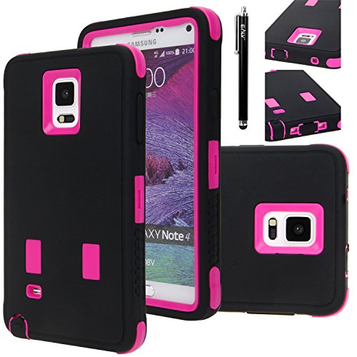 E LV Case for Galaxy Note 4 - Full Body Hybrid Armor Protection Case Cover for Samsung Galaxy Note 4 - Black/HOT Pink