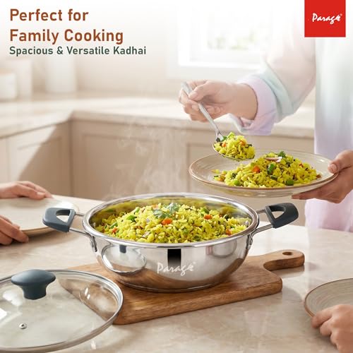 Image of Parage Stainless Steel Kadhai with Glass Lid, 2200ml, Induction & Gas Compatible, Triply Bottom Steel Kadai 24cm with Silicone Handle for Curry, Sabzi & Daily Cooking, 2 Years Warranty
