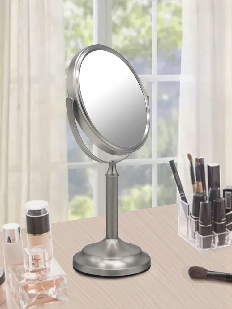 Stainless Steel Tabletop Makeup Vanity Mirror 1X and 3X Magnification Round Swivel Mirror for Desk, Bedroom, Bathroom Brushed Nickel