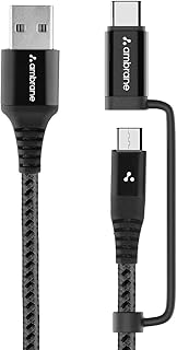 Ambrane 2 in 1 Type-C & Micro USB Cable with 3A Fast Charging Mobile Cable, 480 mbps Data Sync, Quick Charge 3.0, 1.5m Braided Cable, Compatible with All Type-C & Micro USB Devices (ABDC-10, Black) Price in India