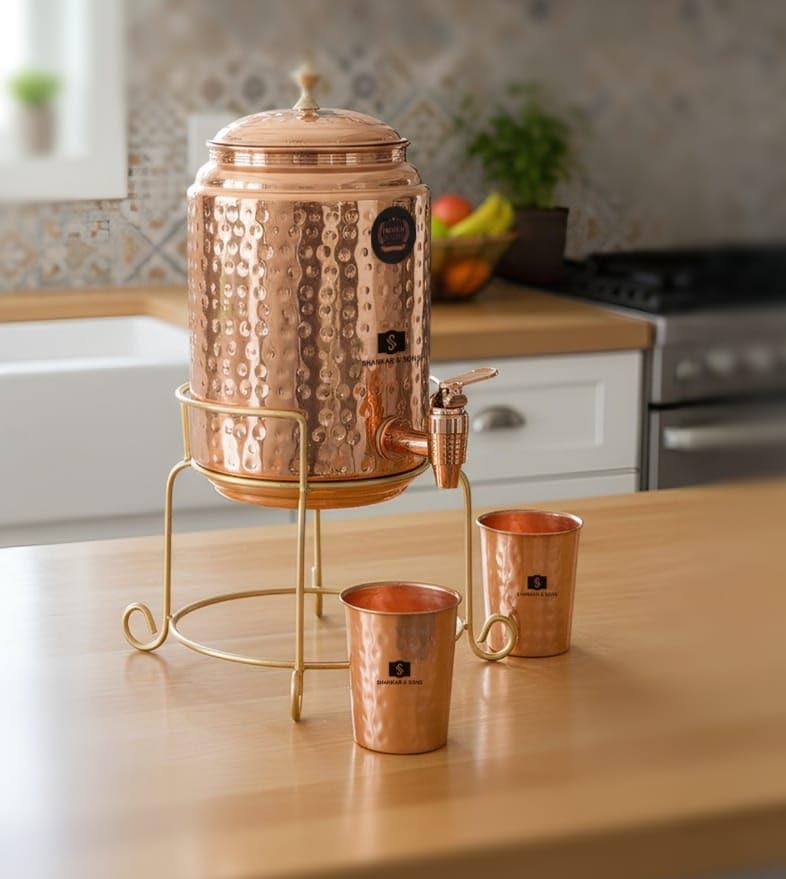 Image of SHANKAR & SONS 5 Litre Copper Water Dispenser Pot with Golden Iron Stand and 2 Glasses | Hammered Texture, BPA Free, Non-Toxic with Added Health Benefits Traditional Matka for Drinking Water