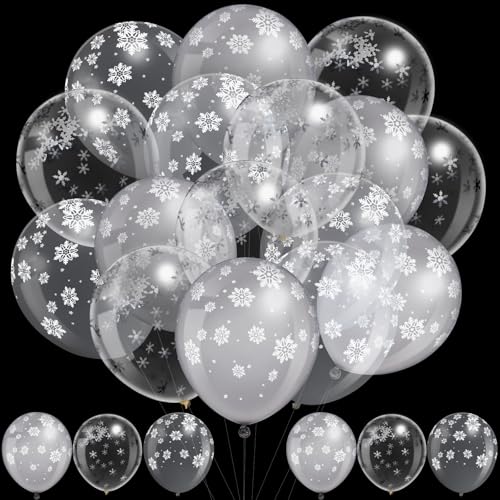 MiniInflat 50 Pcs Winter Snowflake Balloons 12 Inch Winter Clear Gray Latex Wonderland Balloons Set for Holiday Birthday Wedding Party Decorations