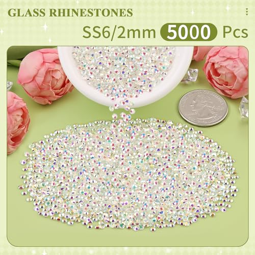 Image of 5000PCS SS6 /2mm Crystal Glass Rhinestones for Bedazzling (Transparent AB) | Flatback Rhinestones for Crafting DIY Nail Art Makeup Decoration, Gems Diomand Charms for Tumbler Shoes Clothing Mug